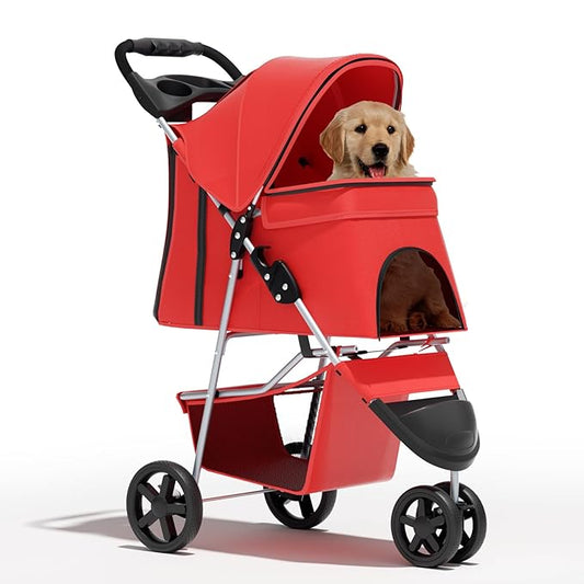 Cat Dog Stroller - 3-Wheels for Medium/Puppy Dogs 30 Lbs, Cats - Foldable with Storage Basket and Cup Holder, Breathable Mesh Red