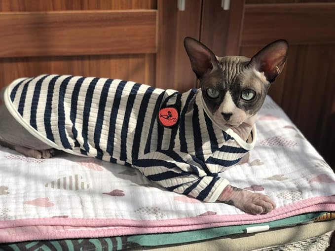 DENTRUN Hairless Cats Shirt Breathable Cat Daily Wear Clothes Stripe Vest Adorable Pajamas Jumpsuit Soft & Skin-Friendly