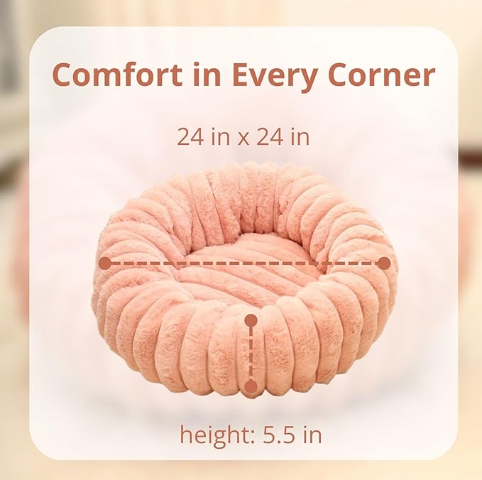 Dog Bed 24 Inch Round, Fluffy Cat Bed with Plush Comfort, Cozy Puppy Bed with Anti-Slip Bottom for Indoor Pets, Gray, Pink, Brown (Brown)