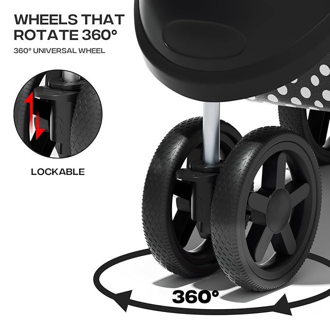 Cat Dog Stroller,3-Wheels Pet Stroller for Medium/Puppy Dogs 30 Lbs, Cat Strollers for 1 Cats, Foldable Dog Stroller with Storage Basket and Cup Holder, Breathable Mesh Black Polka Dots