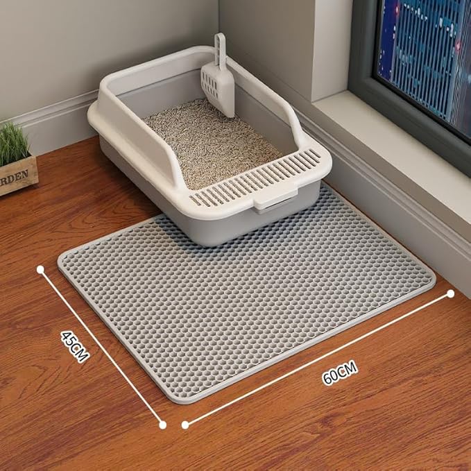 Cat Litter Mat Cat Litter Trapping Mat, 24 x 18 inch Honeycomb Double Layer Design, Urine and Water Proof Material, Scatter Control, Less Waste, Easier to Clean, Washable Gray