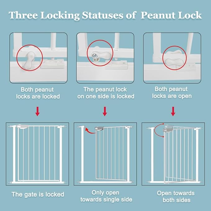 WAOWAO Triple Lock Baby Gate Extra Wide 53.93-57.87" Pressure Mounted Walk Through Swing Auto Close Safety White Metal Dog Pet Puppy Cat for Stairs,Doorways,Kitchen