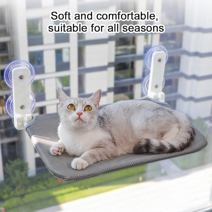 Foldable Cat Window Hammock with Dual Heavy-Duty Suction Cups - Plush Mesh Bed & Jumping Perch for Indoor Cats, Wall Mounted Space-Saving Design (Beige)