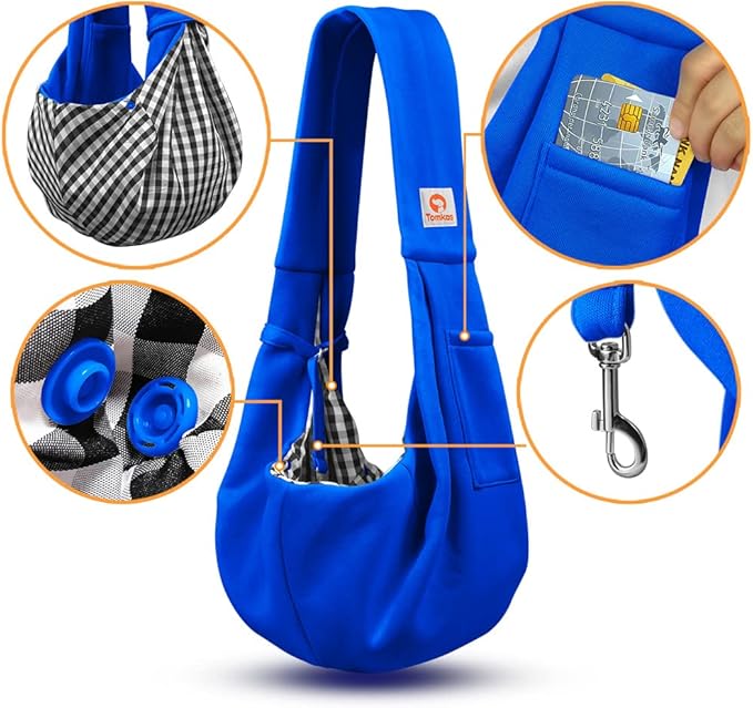 Tomkas Small Dog Sling Carrier - Classic Pocket & Classic Strap - for 3-10 lbs Pets(Royal Blue)
