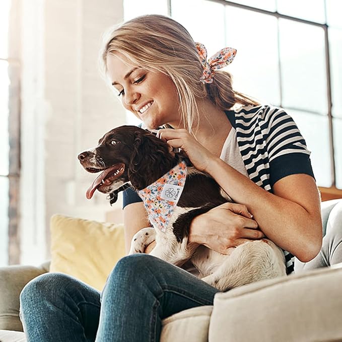 E-Clover Dog Bandanas & Matching Scrunchie Set Girl Cute Flower Dog Scarf Bibs Pet Bandana with Bow Tie for Small Dogs Puppy Owner Spring