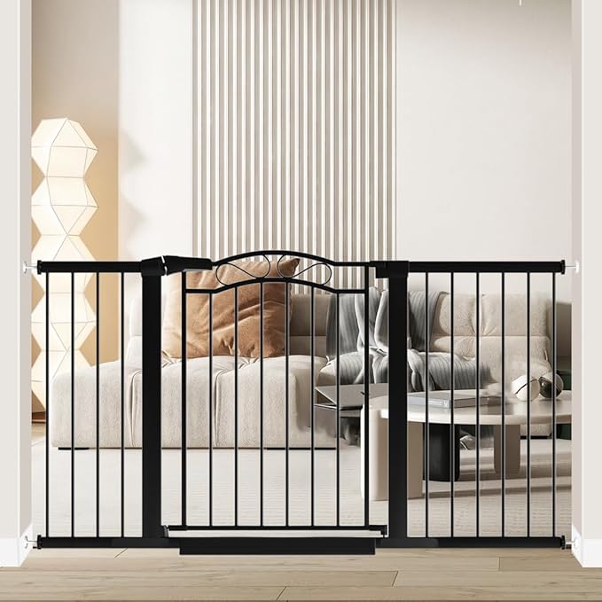 Fairy Baby 57.1"-59.8" Wide Baby Gates Child gate Todder for Kids, Metal Pressure Mounted Pet Dog Gate Walk Thru Safety Child Gate for Doorway Stairs, Black