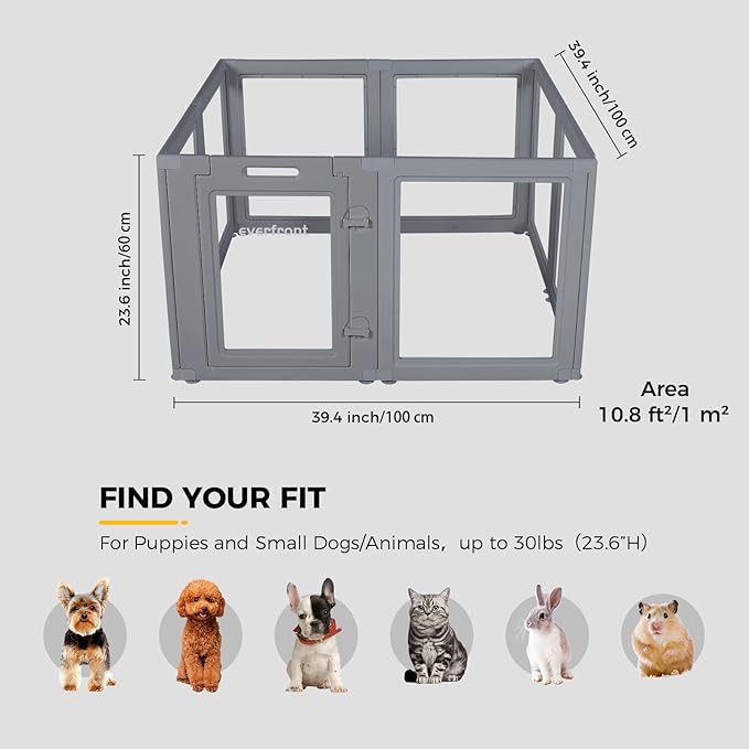 Clear Dog Play Pen - Easy Assemble Durable Plastic Acrylic Dog Playpen - Dog Playpen Indoor, Puppy Playpen, Cat Playpen, Small Animal Playpen, Dog Play Pen Indoors (Grey, 23.6" H, 8PCS)