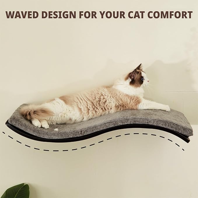 Cat Shelf with Comfortable Cushion - Wave Modern Cat Bed - Minimalistic Floating Wall Perch - Wooden Wall Mounted Cats Furniture for Sleeping, Playing, Climbing, and Lounging, Walnut