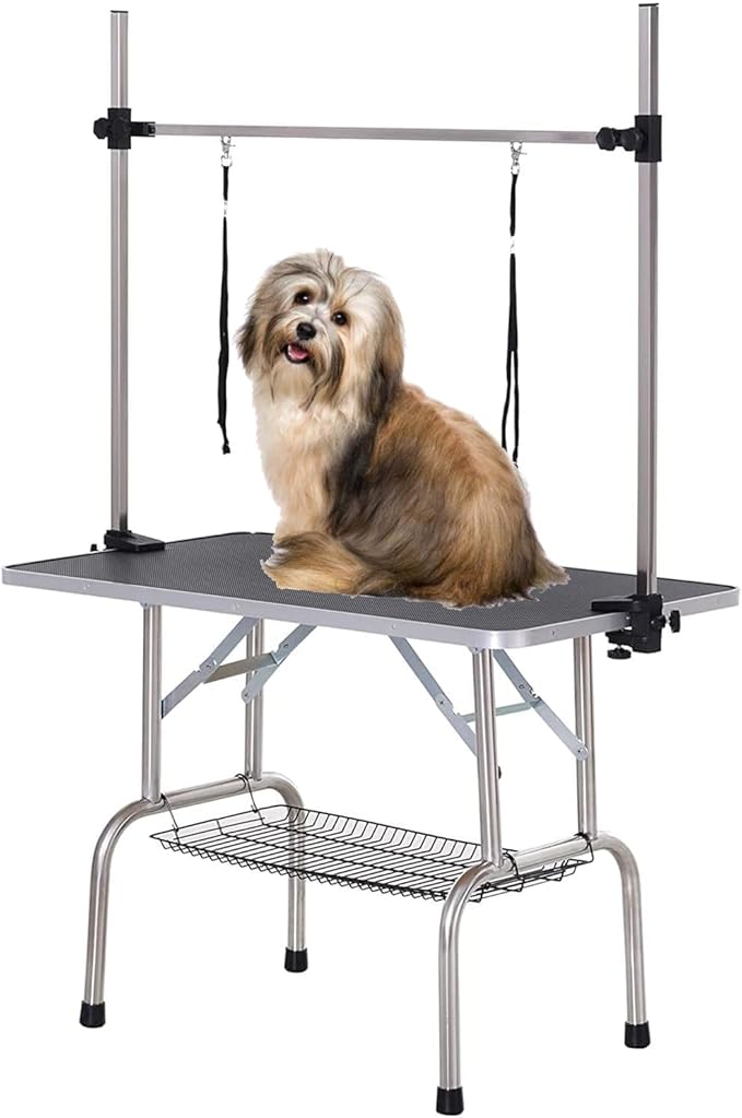 36 Inch Dog Grooming Table, Adjustable Height Pet Grooming Table with Armrest, Ropes and Mesh Tray, Suitable for Home and Dog Washing Station