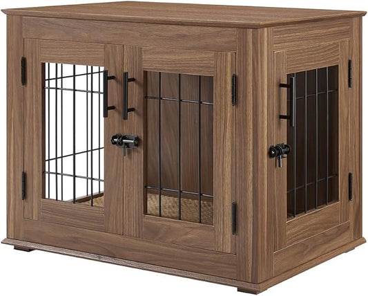 beeNbkks Furniture Style Dog Crate End Table, Double Doors Wooden Wire Dog Kennel with Pet Bed, Decorative Pet Crate Dog House Indoor Medium Large