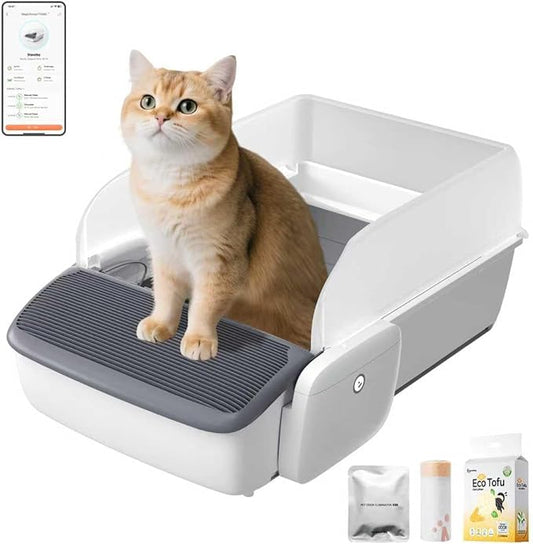 Self Cleaning Litter Box, Automatic Cat Litter Box with APP Control, Odor-Free Waste Disposal Includes Trash Bags, Large Waste Bin, Open-Top, for Multiple Cats