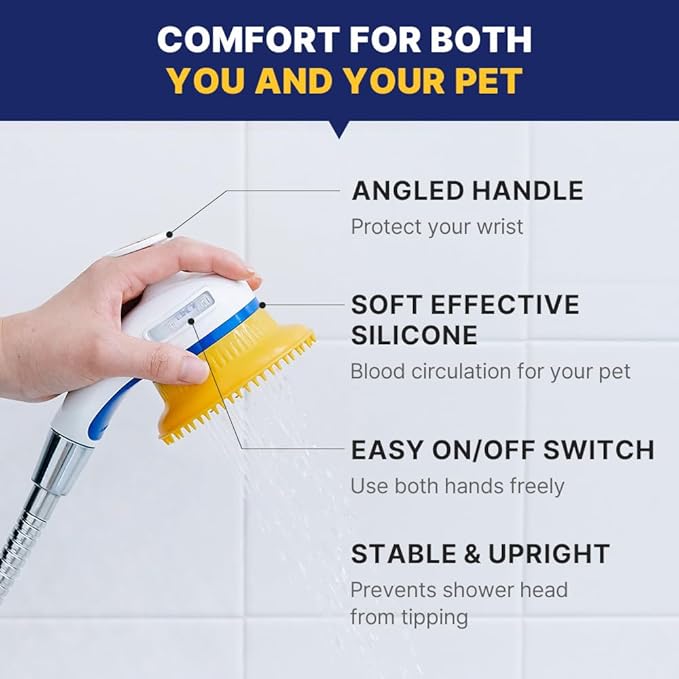 [PETHROOM] Pet Relaxing Grooming Brush Scrubber Shower Wash Head Attachment for Dogs and Cats Spa Washing and Bathing | Dog Cat Hair Deshedding Splash Shield | Massage Rubber Bath Tool