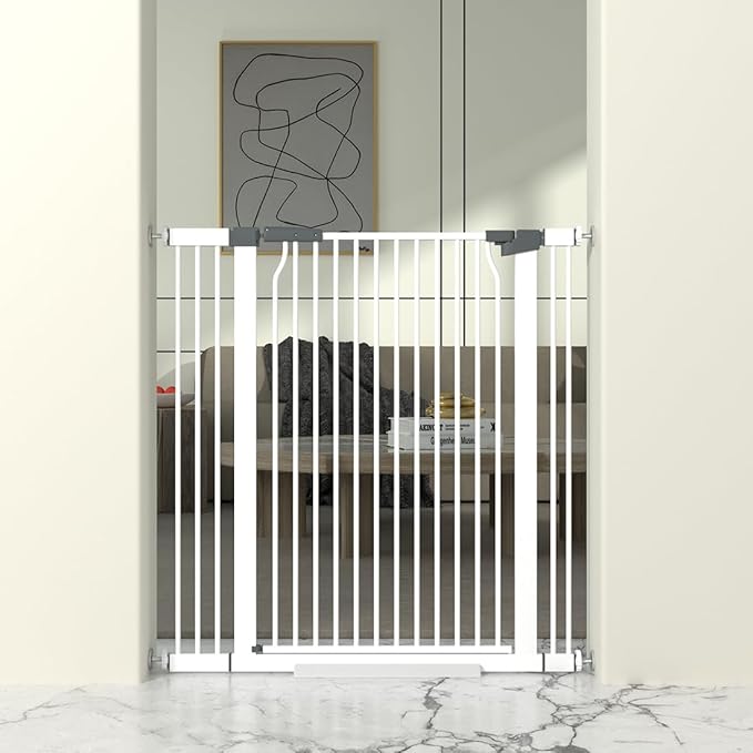 41-Inch Extra Tall Metal Baby Gate for Doorway, 32.6-40.5 Inch Pet Safe Gate with Expansion Kit, No Drilling Cat Fence Indoor, No Climb Child Door, White