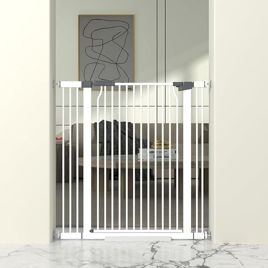 41-Inch Extra Tall Metal Baby Gate for Doorway, 32.6-40.5 Inch Pet Safe Gate with Expansion Kit, No Drilling Cat Fence Indoor, No Climb Child Door, White