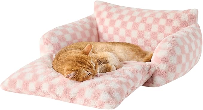 Hollypet Cat Bed Fluffy Plush Mutifuctional Double-Layer Soft Pet Couch Orthopedic Sofa Nest Beds for Small Cats and Dogs, Pink and White (21x15x8 inch)