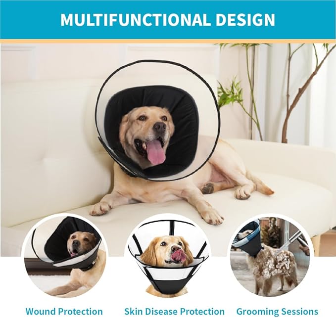 Dog Cone Collar, Pet Cone for Dogs to Stop Licking, Comfy Dog Cones for Large Medium Small Dogs, Soft Cones for Dogs After Surgery, Cone of Shame for Dogs Head Neck Elizabethan Collar Black, M