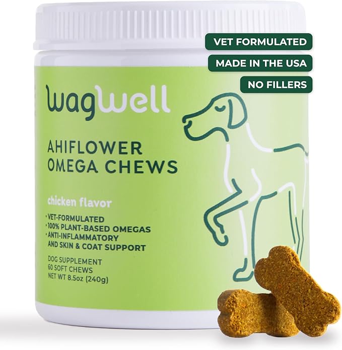 WagWell Ahiflower Omega Oil Dog Chews & Calming Chews Bundle - Skin, Coat, Hip and Joint Supplement for Dogs - Anxiety Relief