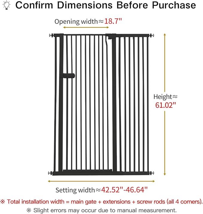 Lumizone Extra Tall Cat Gate 61.02" High Pressure Mounted Extra Wide 2025 New (17 Sizes) 1.37" Gap No Drilling Auto-Close One-Handed Operation Tall Pet Gate for Dogs(Black, 42.52"-46.64"/108-118CM)