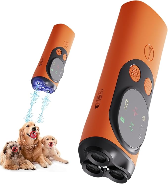 Dog Bark Deterrent Devices 3X Ultrasonic Anti-Barking &Torch 393.7in Range Indoors Outdoors Ultrasonic Dog Bark Deterrent Device with Stop Barking Dog Range Modes Pocket-Friendly Orange Design