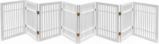 Pet Dog Gate Strong and Durable Freestanding Folding Acacia Hardwood Portable Wooden Fence Indoors or Outdoors by Urnporium (White Pet Gate, 8 Panel 24" Tall)