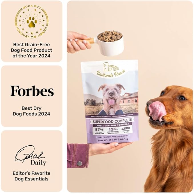 BADLANDS RANCH by Katherine Heigl- Superfood Complete, Air-Dried Adult Dog Food - High Protein, Zero Fillers, Superfood Nutrition (64 Ounce (Pack of 4), Lamb & Venison)
