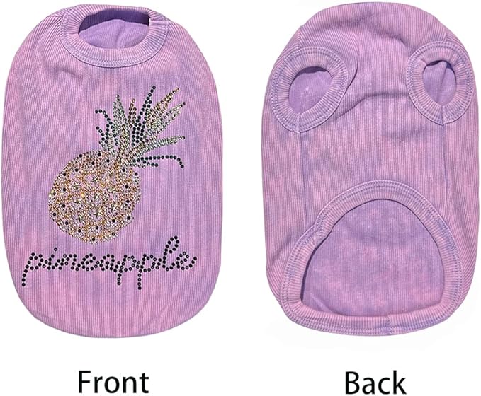 Washed Cotton Pet Vest with Rhinestone Fruit Designs, Soft & Stylish Small Dog Cat Vest for Spring Summer, Breathable & Shiny (Purple-Pineapple, Large)