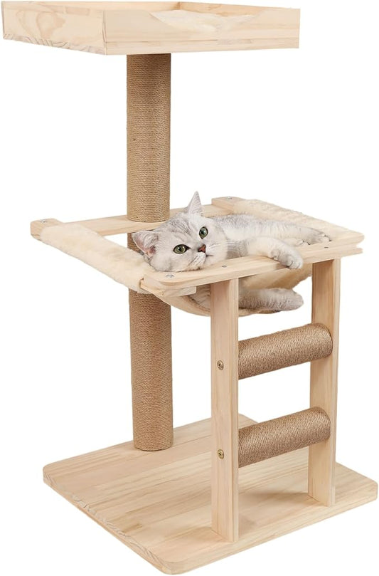 KVIDA Wooden Cat Tree for Large Cats – 35" Extra-Stable 3-Level Tower with Hammock, Oversized Perch & Thick Sisal Posts, Modern Solid Wood Cat Furniture for Indoor Multi-Cat Homes