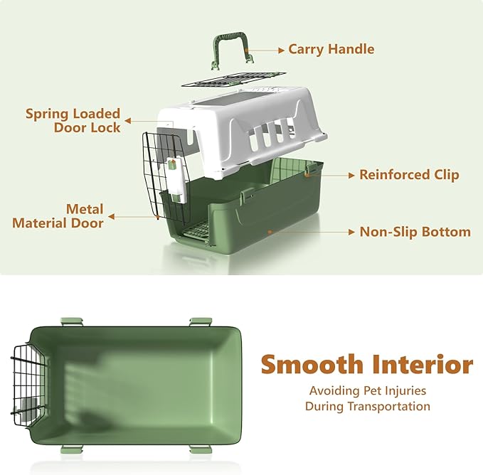 Athena Collection 18" Hard-Sided Travel Pet Carrier for Small Dogs and Cats, Plastic Dog Crate with 2-Door Top & Front Load, Ventilation, Security Lock, Cat Dog Carrier for Pet, up to 10lbs, Green