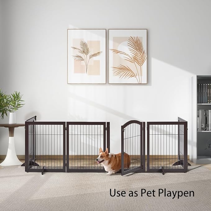 unipaws 144" Extra Wide Dog Gate and Playpen, Free Standing 31.5" Tall Pet Fence with Walk Through Door, Barriers for Home, Use as Indoor Dogs Cats Rabbit Pen, Espresso