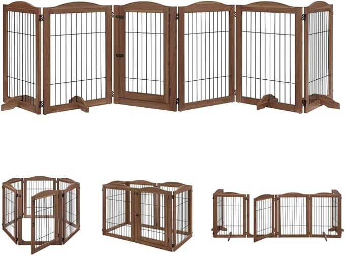 unipaws Pet Playpen with Wood and Wire, 6 Panels Extra Wide Freestanding Walk Through Dog Gate with 5 Support Feet, Foldable Stairs Barrier Pet Exercise Pen for Dogs Cats