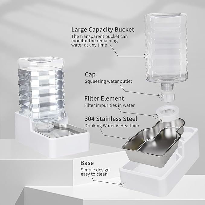 Dog Cat Water Dispenser: 8L White Upgraded Gravity Feeder with Stainless Steel Bowl - BPA-Free Large Capacity for Medium/Large Pets - Indoor & Outdoor Use