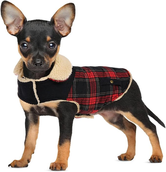 Winter Coat for Small Dogs, Puppy Plaid Jacket, Cotton Coat for Cold Weather, Windproof Warm Dog Garments, Pet Thickened Outfits Indoor Outdoor, Red XS