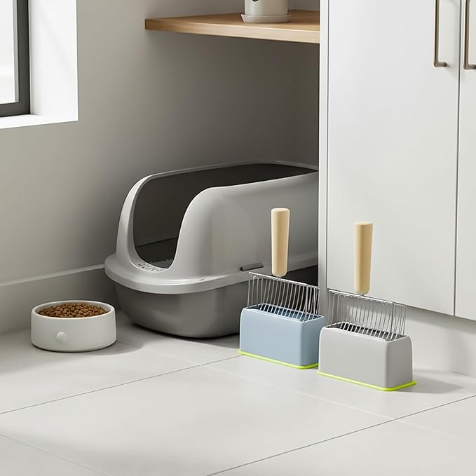 Hiceeden Set of 2 Cat Litter Scoop with Holder, Metal Kitty Litter Scoop Holder with Wooden Handle, Cat Poop Scooper for Kitten Litter Box, Fast Sifting, Gray and Blue