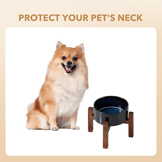 Ceramic 6.1inch Raised Dog and Cat Bowl Set, 2 Heights Elevated Wooden Stand for Small Breed Dogs, Weighted Pet Food and Water Dishes(6.1'',28.7oz, Starry Sky)