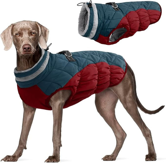 FUAMEY Dog Coat for Large Dogs,Waterproof Dog Winter Jacket with Harness Built in Puppy Cold Weather Coats Reflective Pet Vest with Zipper Warm Fleece Dogs Snowsuit Windproof Dark Blue XXL