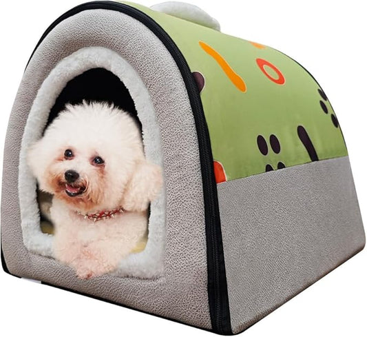 Dog Bed or Cat Bed,2 Ways to Use,Indoor Pet House with Fluffy Mat,Removable and Washable Cover,Splash-Proof House and Non-Slip Bottom,for Cats and Small Dogs(M Light Green & Gray)
