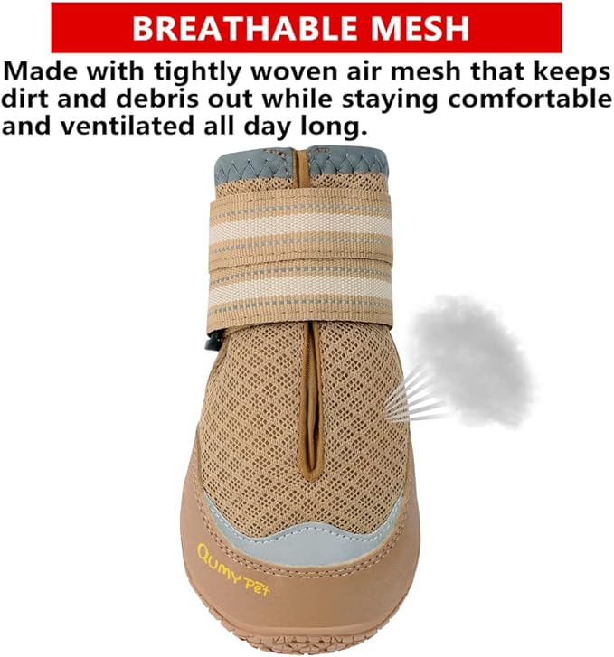 QUMY 4PCS Dog Boots for Large Dogs, Medium Dog Shoes & Paw Protectors for Hot Pavement, Summer Heat Protection, Mesh Breathable Nonslip Dog Booties for Hardfloors, Walking Running Hiking Khaki Size 4