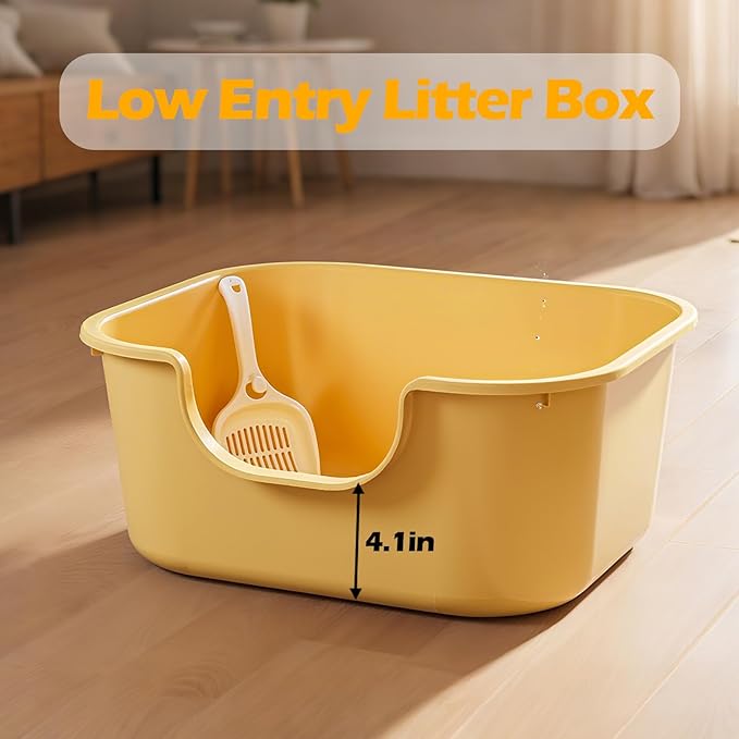 Large Cat Litter Box with High Sides,Low Entry Cat Litter Pan for Indoor Cats,Cat Box for Kittens & Senior Cats,Non-Slip Bottom,Anti-Splashing,Waterproof,Easy to Clean (Grey)