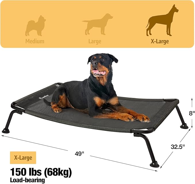 Veehoo Outdoor Elevated Dog Bed, Cooling Raised Dog Cot Bed XL, Portable Waterproof Curved Dogs Hammock Beds for Outside, up to 150lbs, Black Legs, Black 49"