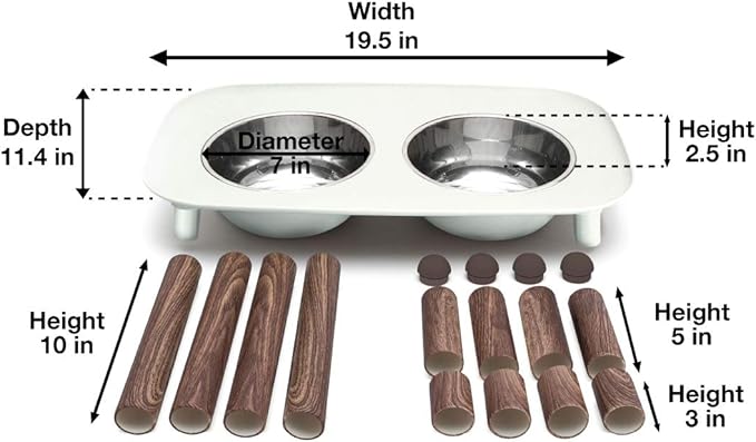 Messy Mutts Elevated Double Feeder with Stainless Bowls | Adjustable Height 3”, 5”, or 10” | Adjustable Standing Feeder for Dogs | 5 Cups per Bowl | Light Grey with Faux Wood Legs