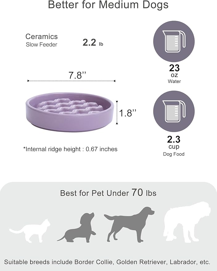 Ceramic Maze Dog Slow Feeder with Non-Slip Silicone Rim – Heavy-Duty Stoneware Bowl with Puzzle Pattern for Bloating & Obesity Prevention (Purple-M)