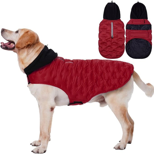 Nanaki Warm Dog Puffer Coat for Large Dogs-Lightweight Windproof Dog Coat with Hood, Water Resistant Pet Snowsuit for Cold Weather, Reflective Snowsuit, Adjustable Puffer Vest with Leash Hole, Red