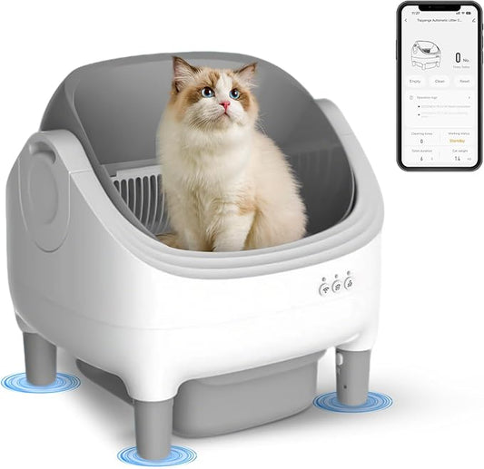 Automatic Litter Box, Open-Top Self Cleaning Litter Box for Kitten Cats, Electric Cat Box Self Cleaning with App Control, Smart Health Weight Monitor, Triple Safe Anti-Pinch