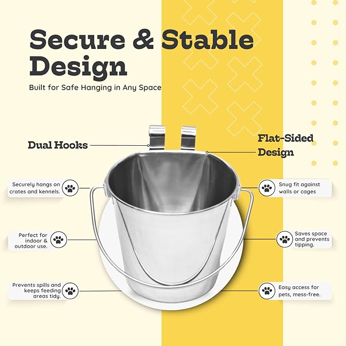 2 Quart Stainless Steel Flat Sided Pail with Dual Hooks | Hanging Bucket for Dog, Cat, Bird & Small Animals | Durable Food & Water Bowl Fits Kennels, Crates & Cages | Multipurpose Use