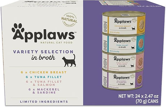 Applaws Natural Wet Canned Cat Food, Made with Limited and Natural Ingredients, High Protein with No Artificial Additives or Fillers, Variety Broth Recipe (24 Count, 2.47 oz Cans)