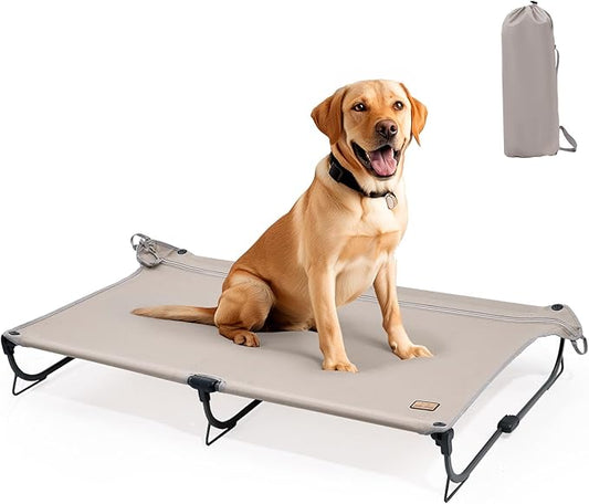 Daisy Cot, Large Foldable Elevated Dog Bed, Portable Raised Outdoor Folding Dog Cot, Cooling, Chew Proof, Waterproof, Heavy Duty Up to 160 Lbs for Camping/Home, Brown, 43"x27"x7”