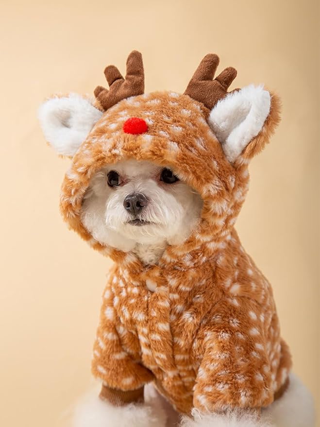 AZA Reindeer Dog Costume Fluffy Christmas Clothes Moose Coat Winter Pet Hoodies Puppy Girl Cute Coat Outfits for Small Dogs Costumes (M（Suitable：5.5lb-9lb）,Moose Brown)