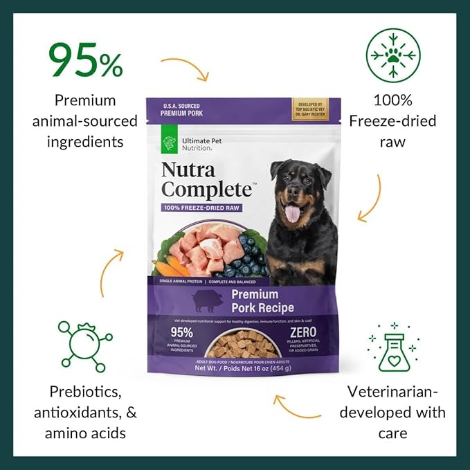 ULTIMATE PET NUTRITION Nutra Complete, 100% Freeze Dried Veterinarian Formulated Raw Dog Food with Antioxidants Prebiotics and Amino Acids, (1 Pound (Pack of 4), Pork)