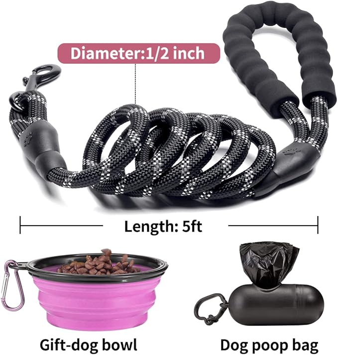 COOYOO 2 Pack Dog Leash 5 FT Heavy Duty - Comfortable Padded Handle - Reflective Dog Leash for Medium Large Dogs with Collapsible Pet Bowl
