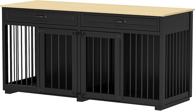 64.6" Furniture Dog Crate, Heavy Duty Wooden Dog Cage Furniture, Indoor Dog Kennel with Drawers & Removable Divider, Luxury Dog House with Double Rooms for Small Medium Breed Dogs, Black